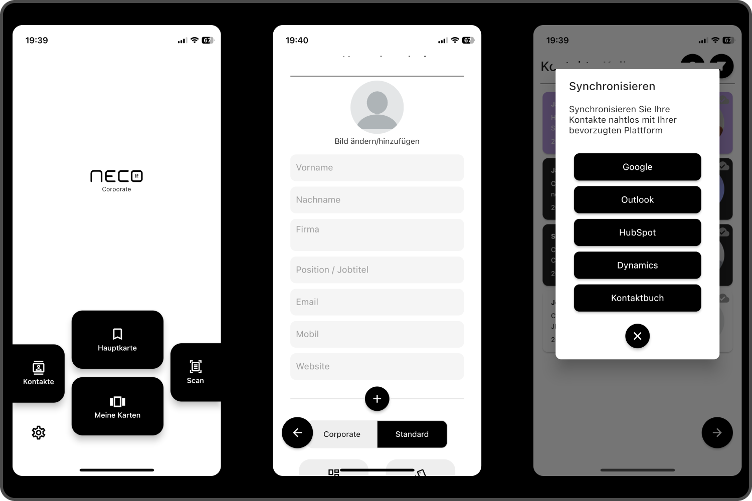 A series of screenshots showing the new features of the neco app. New home screen, new card editor and contact export